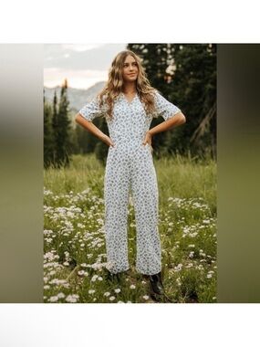 Blue Floral Short-Sleeve V-Neck Jumpsuit 100% Cotton
